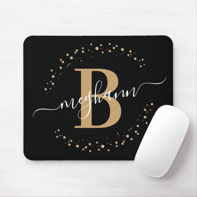 Chic Modern Girly Black Gold Name Script Monogram Mouse Pad (With Mouse)