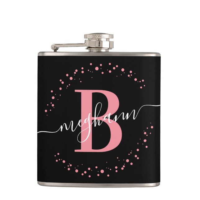 Chic Modern Girly Pink Black Name Script Monogram  Flask (Front)