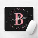 Chic Modern Girly Pink Black Name Script Monogram  Mouse Pad<br><div class="desc">Girly, modern, elegant, trendy, pink and black, white monogram initial name script custom personalized monogrammed mousepad. Featuring a monogram initial and a girly name script in a hand lettered calligraphy swash tail font and dotted circle frame around your monogram. Perfect feminine gift for girls, sister, mother, birthday, wedding, bridal shower,...</div>
