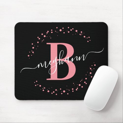 Chic Modern Girly Pink Black Name Script Monogram  Mouse Pad