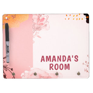 Chic Modern Girly Pink Floral Dry Erase Board With Keychain Holder