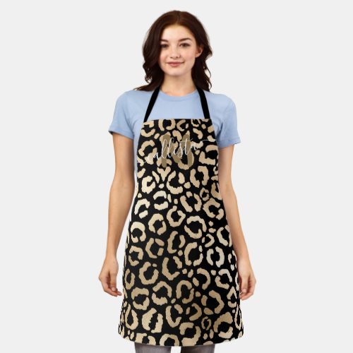 Chic Modern Gold Black Leopard Cheetah Monogram Apron