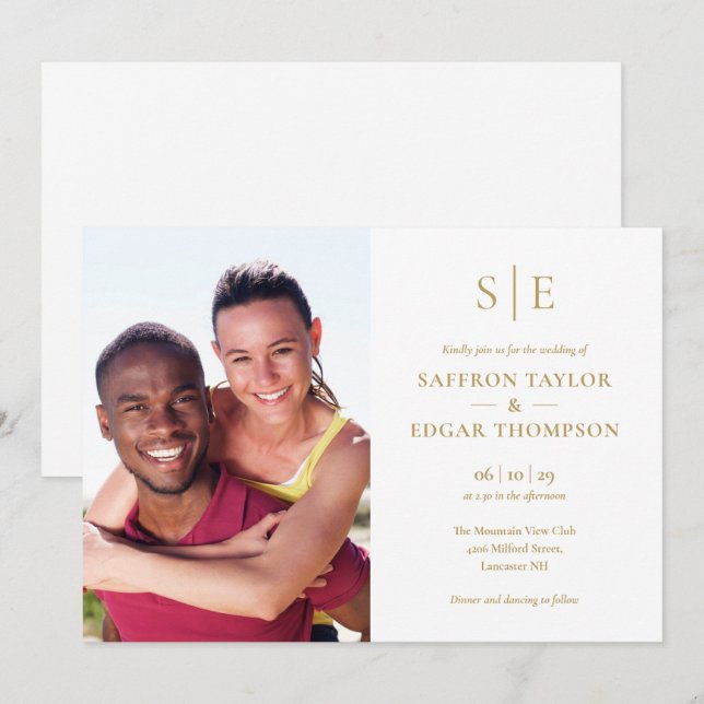 Chic Modern Gold Monogram Photo Wedding Invitation (Front/Back)