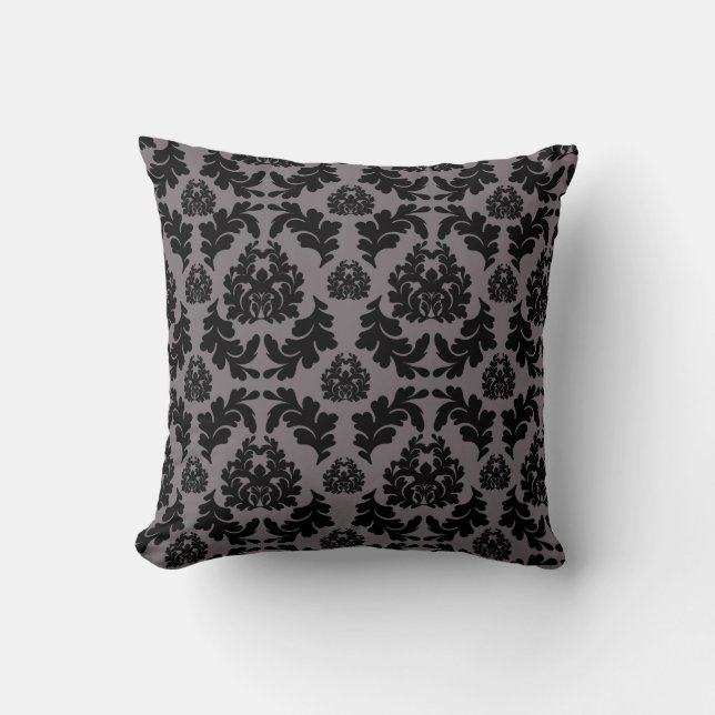 Chic Modern Gray & Black Damask Throw Pillow (Front)