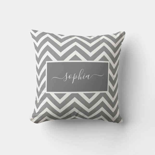 Chic Modern Gray Chevron Zig Zag Pattern Name Throw Pillow (Front)
