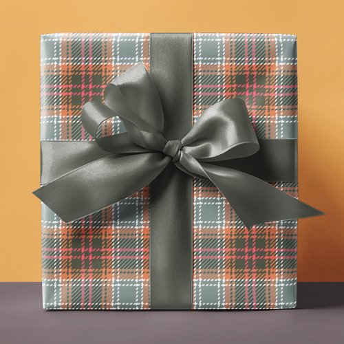 Chic Modern Gray Orange Plaid Tweed Pattern Gift Wrapping Paper