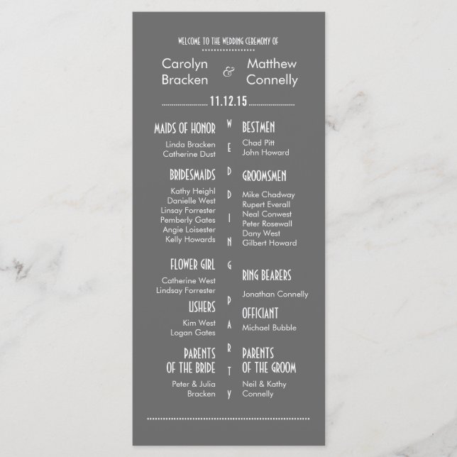 Chic Modern Gray Wedding Program Rack Card (Front)