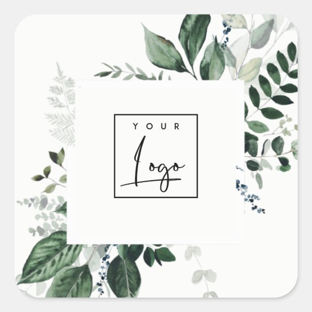 Chic Modern Green Leafy Tropical Foliage Fern Logo Square Sticker (Front)