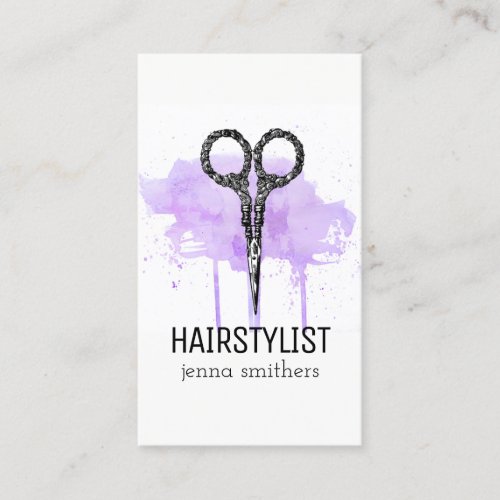 chic modern hair stylist watercolor purple grunge business card