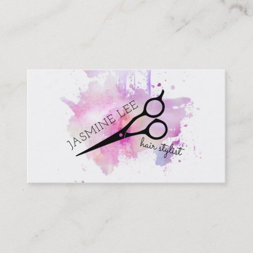chic modern hair stylist watercolor purple grunge business card