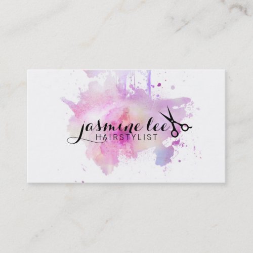 chic modern hair stylist watercolor purple grunge business card