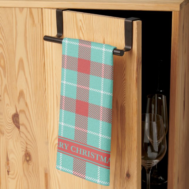 Chic Modern Holiday Red & Teal Plaid Kitchen Towel (Thirds Fold)