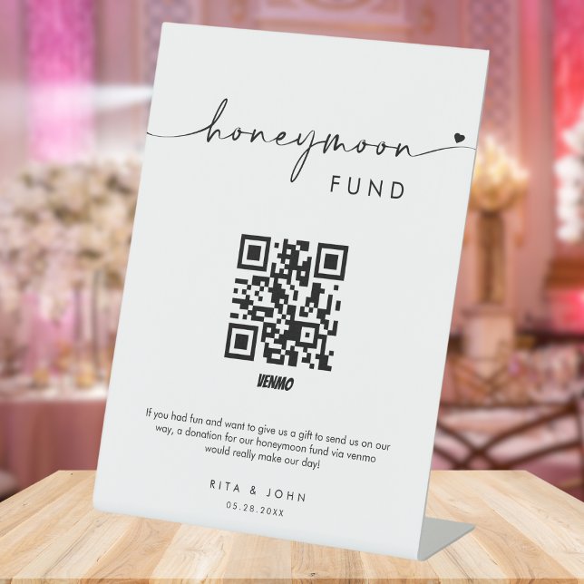 Chic Modern Honeymoon Fund Cash QR Code Wedding Pedestal Sign (Creator Uploaded)