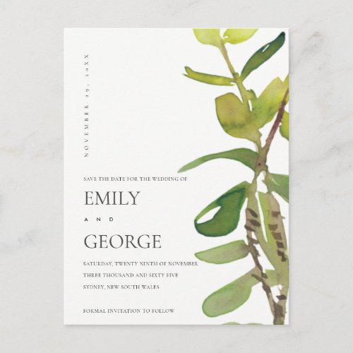 CHIC MODERN LEAFY WATERCOLOR FOLIAGE SAVE THE DATE POSTCARD