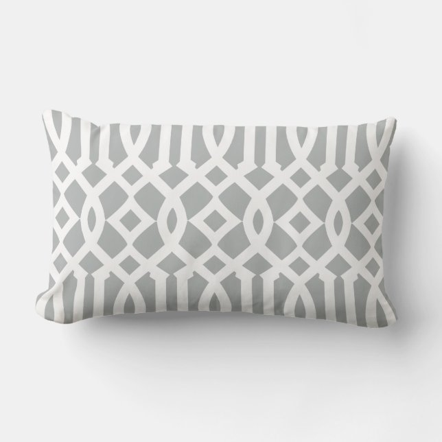 Chic Modern Light Gray and White Trellis Pattern Lumbar Pillow (Front)