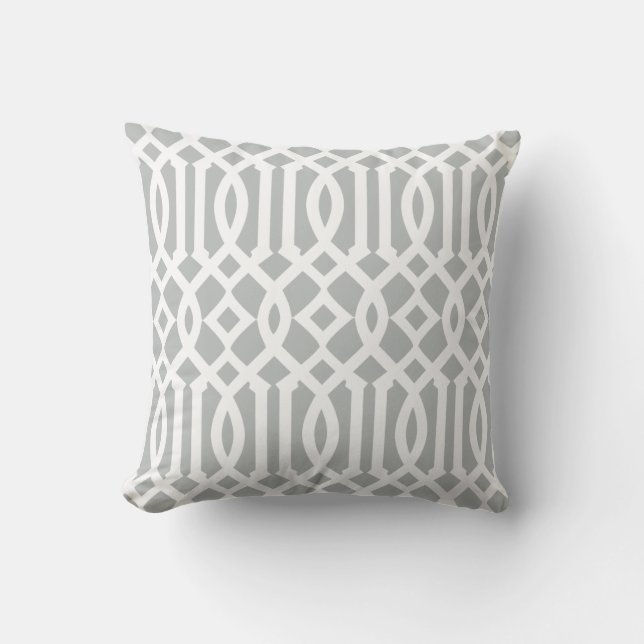 Chic Modern Light Gray and White Trellis Pattern Throw Pillow (Front)