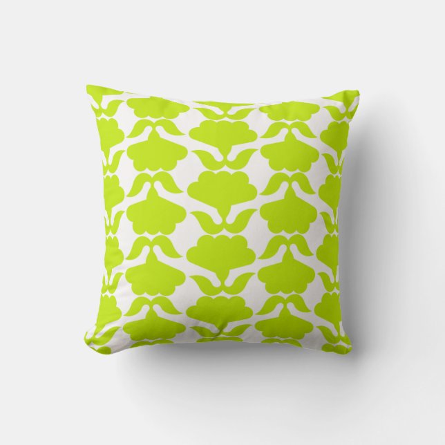 Chic Modern Lime Green & White Damask Throw Pillow (Front)