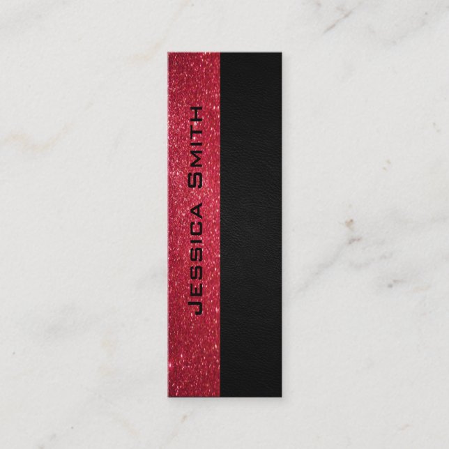 Chic modern luxury red glittery leather look mini business card (Front)