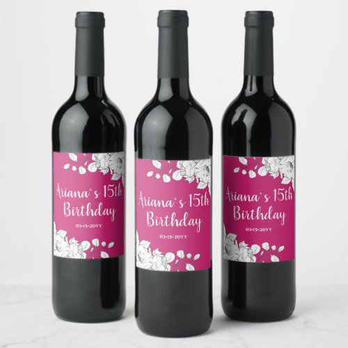 Chic Modern Magenta White Floral 15th Birthday Wine Label