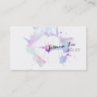 chic modern makeup artist watercolor purple lips business card