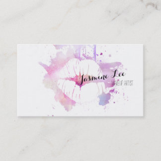 chic modern makeup artist watercolor purple lips business card
