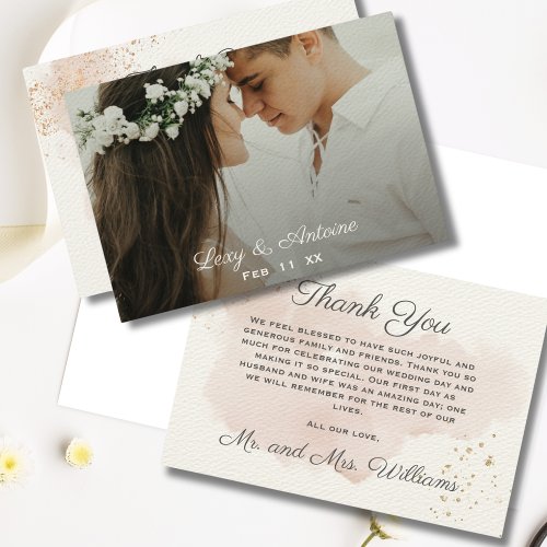 Chic Modern Mauve Watercolor Gold Wedding Photo Thank You Card