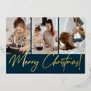 Chic Modern Merry Christmas Photo Navy Blue Foil Holiday Card