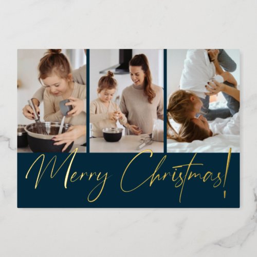 Chic Modern Merry Christmas Photo Navy Blue Foil Holiday Card