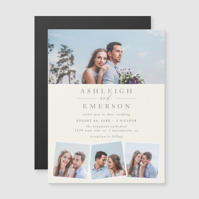 Chic Modern Minimalist Beige Photo Collage Wedding Magnetic Invitation (Front/Back)