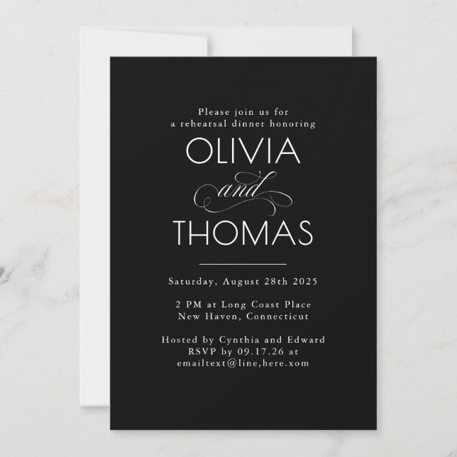 Chic Modern Minimalist Black Rehearsal Dinner Invitation (Front)