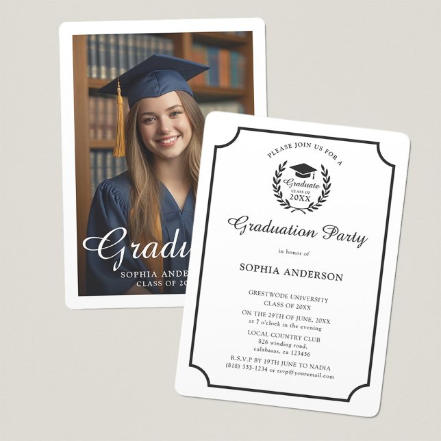Chic Modern Minimalist Black & White Grad Photo Invitation (Creator Uploaded)