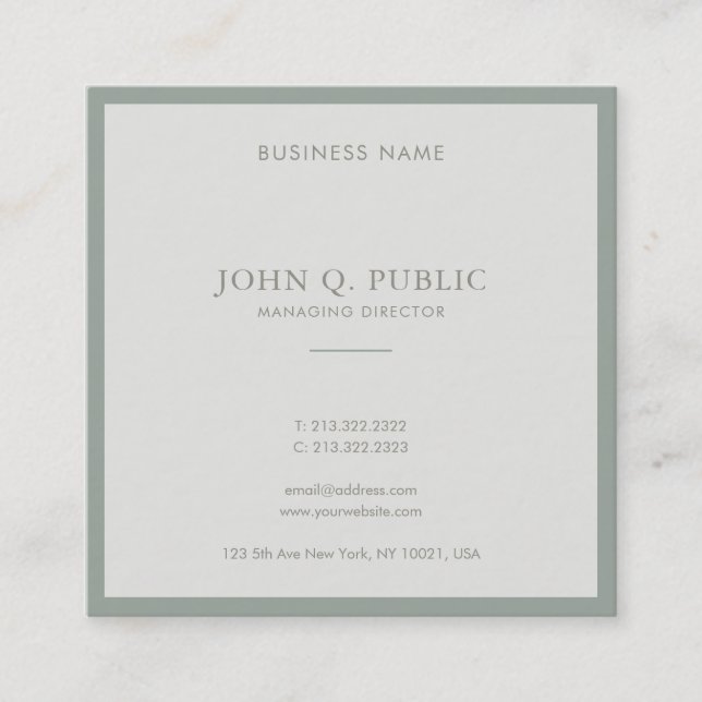 Chic Modern Minimalist Design Elegant Green Plain Square Business Card (Front)