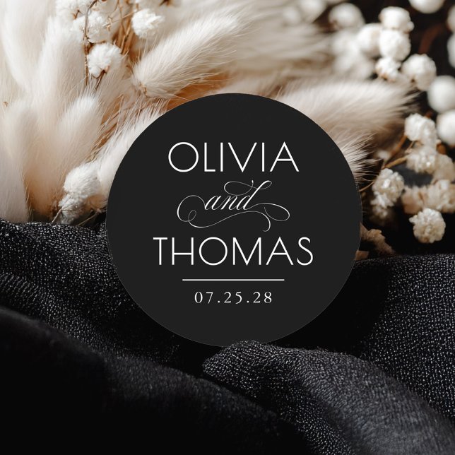 Chic Modern Minimalist Typography Black Wedding Classic Round Sticker (Black Modern Wedding Seals)