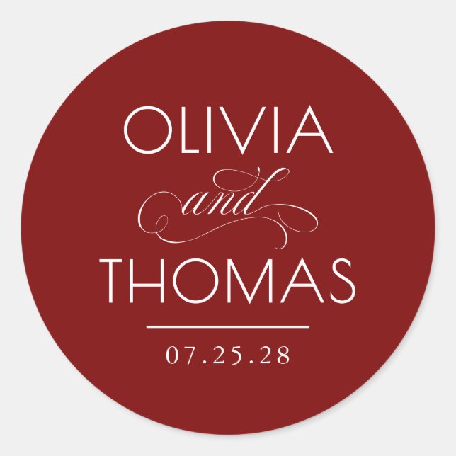 Chic Modern Minimalist Typography Red Wedding Classic Round Sticker (Front)