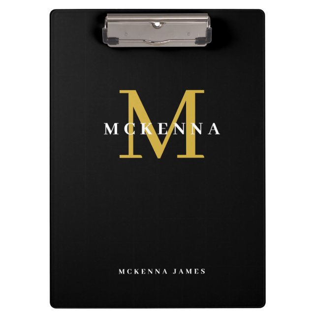 Chic Modern Monogram Black Gold Initial Name  Clipboard (Front)