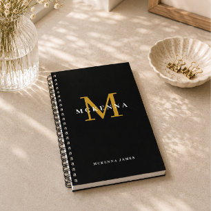 Chic Modern Monogram Black Gold Initial Name Notebook