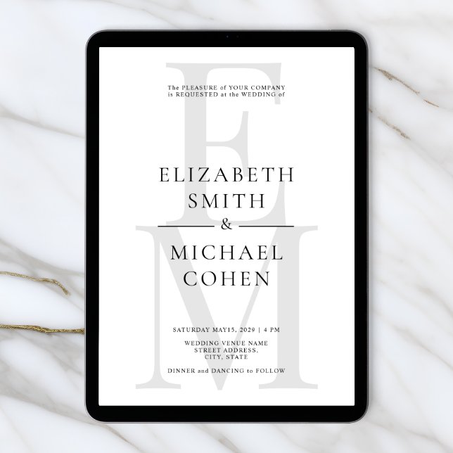 Discover Chic Modern Monogram Initial Black White Wedding Invitation