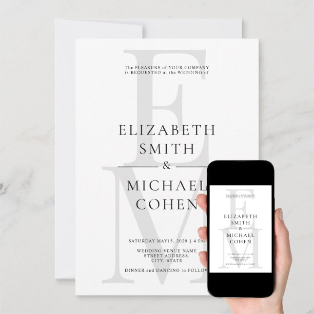 Discover Chic Modern Monogram Initial Black White Wedding Invitation