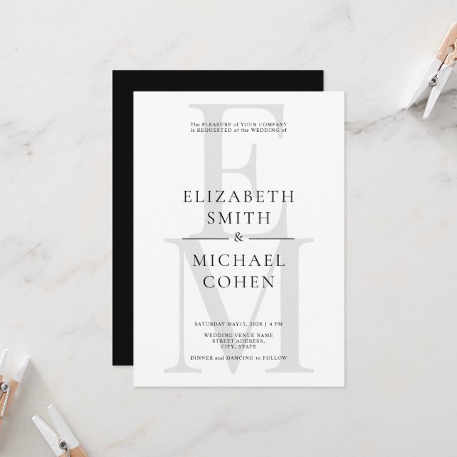 Discover Chic Modern Monogram Initial Black White Wedding Invitation