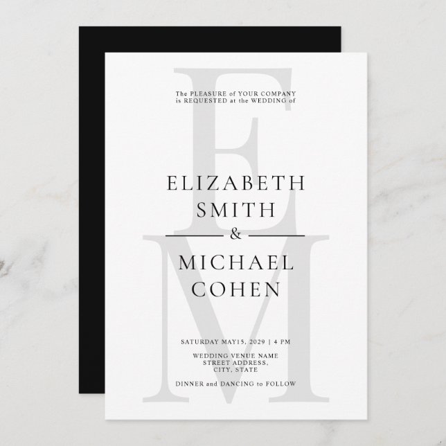 Discover Chic Modern Monogram Initial Black White Wedding Invitation