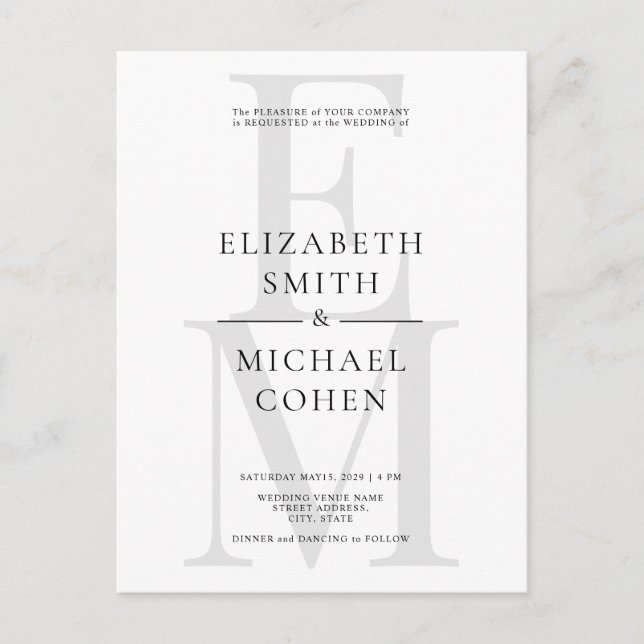 Chic Modern Monogram Initial Black White Wedding Invitation Postcard (Front)