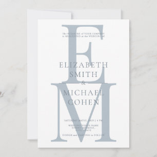 Chic Modern Monogram Initial Dusty Blue Wedding Invitation