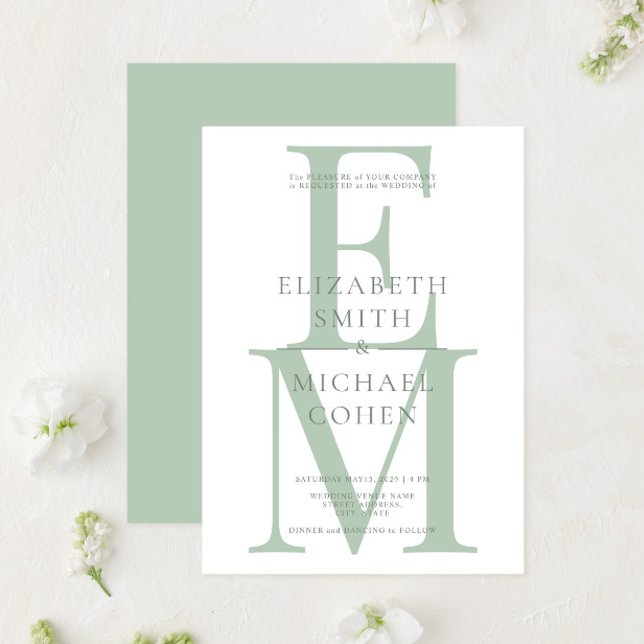 Chic Modern Monogram Initial Sage Green Wedding Invitation (Creator Uploaded)