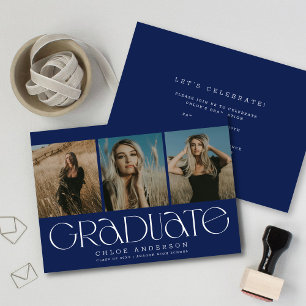 Chic Modern Navy Blue 3 Photo Graduation Announcement