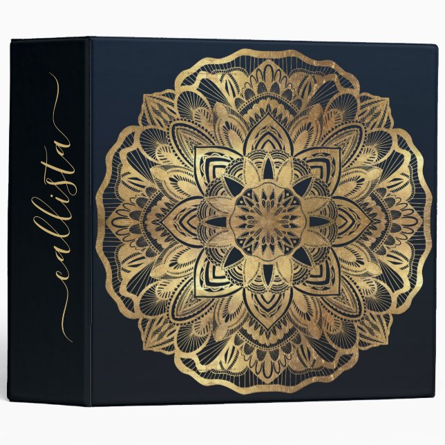 Chic Modern Navy Blue Gold Mandala 3 Ring Binder (Front/Spine)