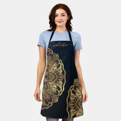 Chic Modern Navy Blue Gold Mandala Apron