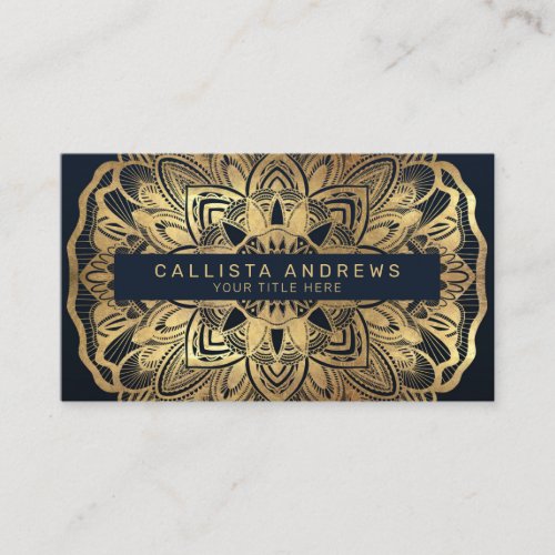 Chic Modern Navy Blue Gold Mandala Business Card