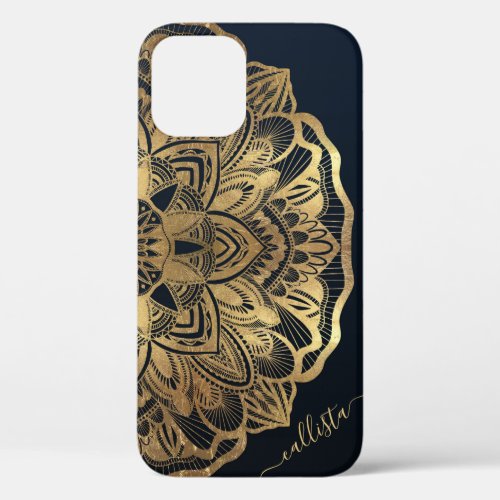 Chic Modern Navy Blue Gold Mandala iPhone 12 Pro Case