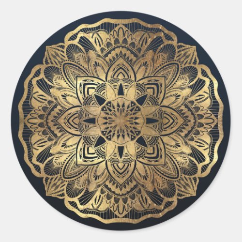 Chic Modern Navy Blue Gold Mandala Classic Round Sticker