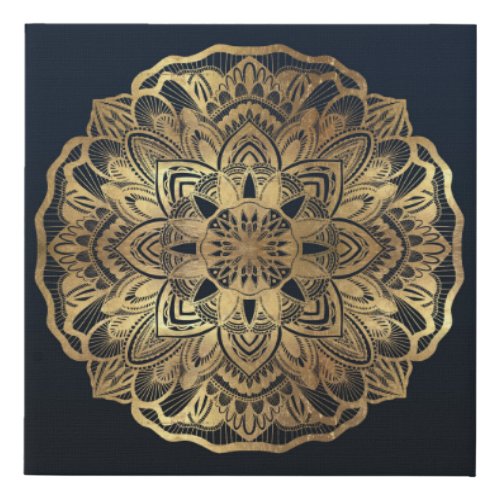 Chic Modern Navy Blue Gold Mandala Faux Canvas Print